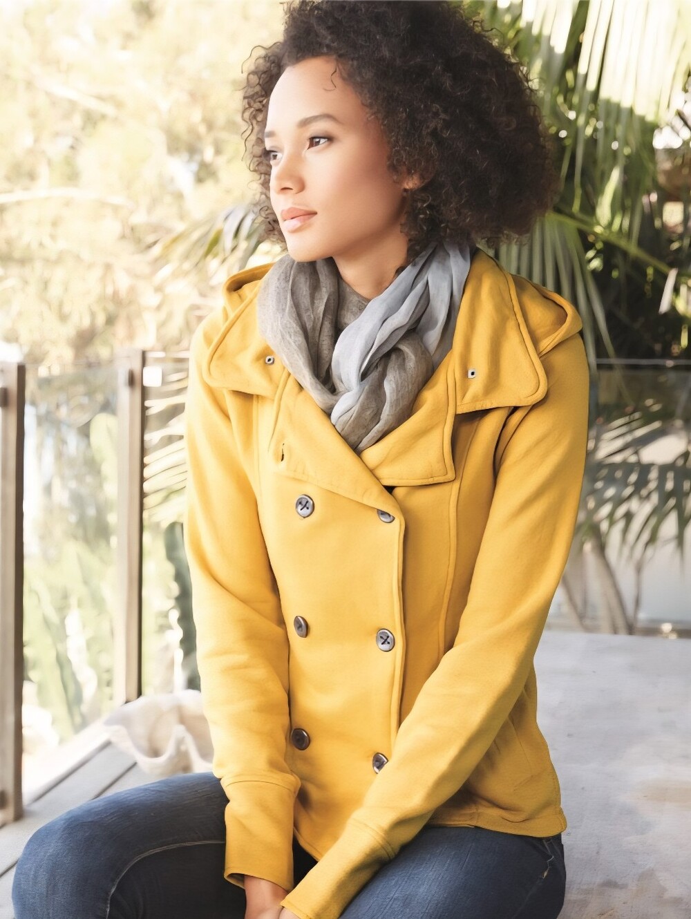 Yellow Double-Breasted Hooded Pea Coat Sweatshirt Jacket Fleece. L